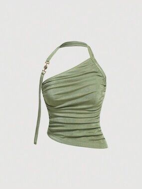 Women’s Sage One-Shoulder Ruched Halter Crop Top, Large Shein Sold out